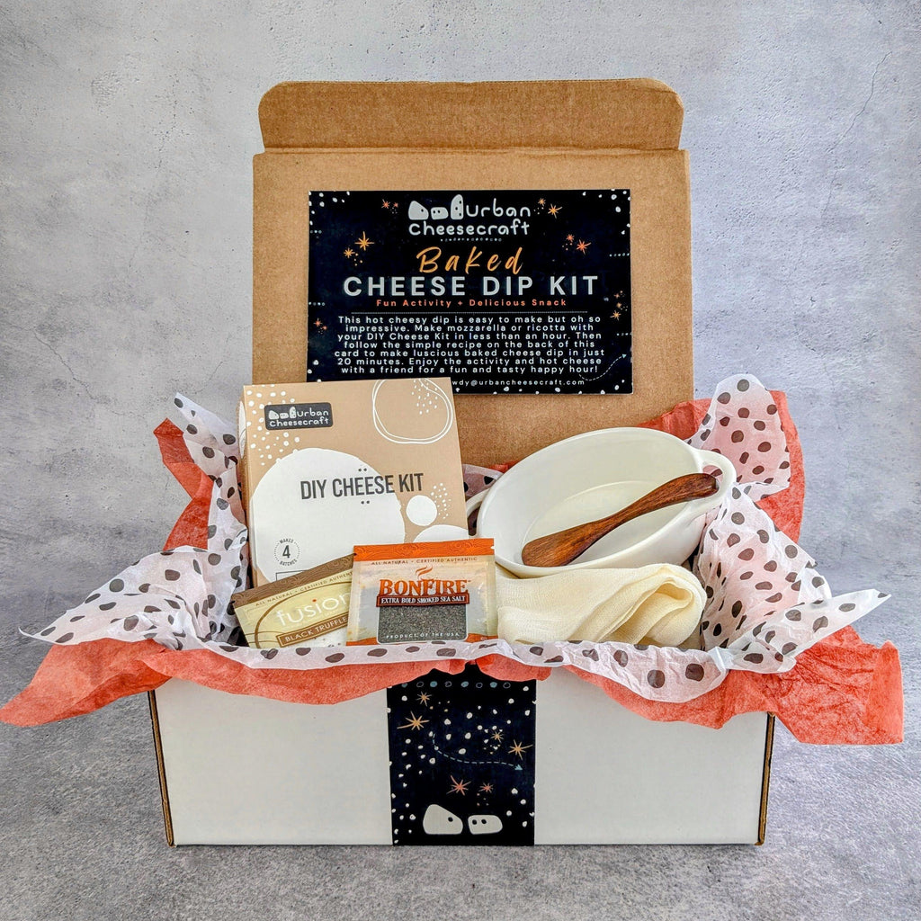 Baked Mozzarella and Ricotta Gift Box - DIY Cheese Kit, Ceramic Crock, Wood Spreader, Truffle and Smoked Salts