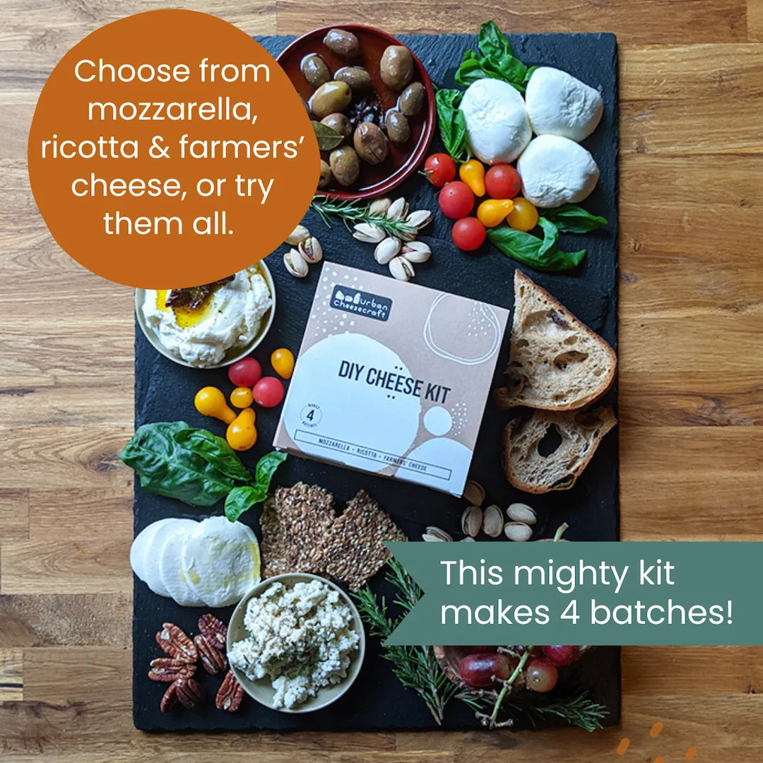 DIY cheese kit with ingredients on a wooden surface