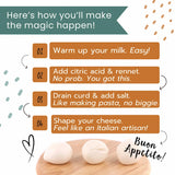 Step-by-step guide to making cheese with text and images of cheese on a cutting board.