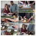 collage of couples date night cheesemaking experience. a man and woman are shown in various steps of forming and salting wheels of cheese and then the final cheese board displaying their wheels as well as fruit and herbs is shown.