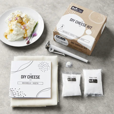 DIY mozzarella cheesemaking ingredients laid out on kitchen counter