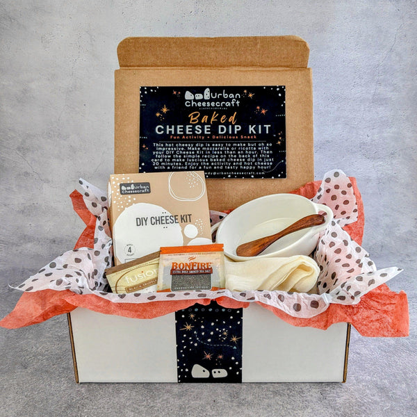 Baked Mozzarella and Ricotta Gift Box - DIY Cheese Kit, Ceramic Crock, Wood Spreader, Truffle and Smoked Salts
